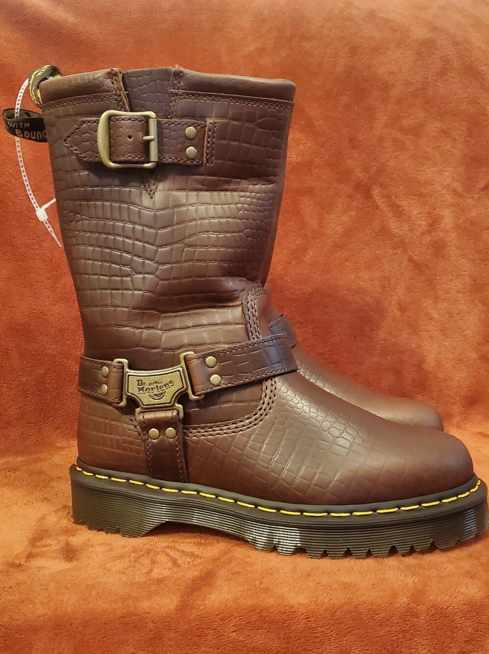 NEW Dr. Martens Brown Croc-Embossed Leather Double Buckle Harness Boot